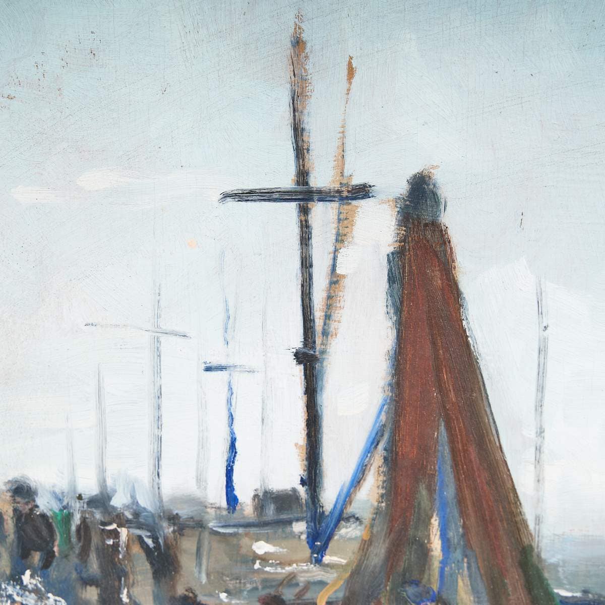 Barche, canali e luce: leggere una marina di Comacchio degli anni Quaranta 2 Veduta ravvicinata di marina con velieri su pannello