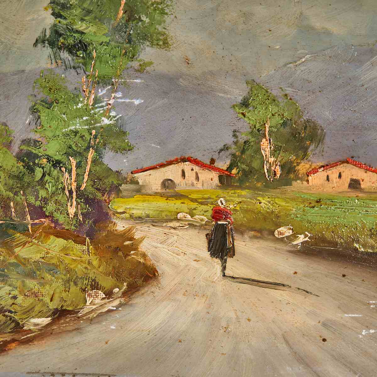 Una strada, un contadino, due tetti rossi: il paesaggio campestre negli anni Cinquanta 2 Particolare di dipinto rurale a olio firmato Simone