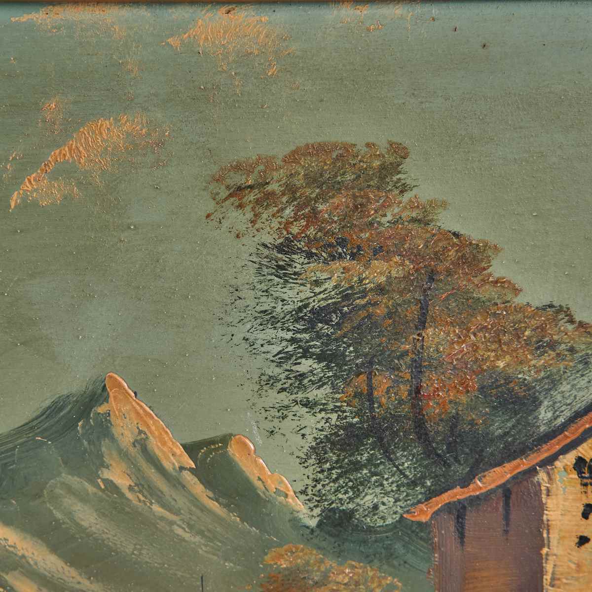 La montagna dipinta: case, luce e memoria in una piccola veduta 2 Cornice in legno chiaro di una veduta montana vintage
