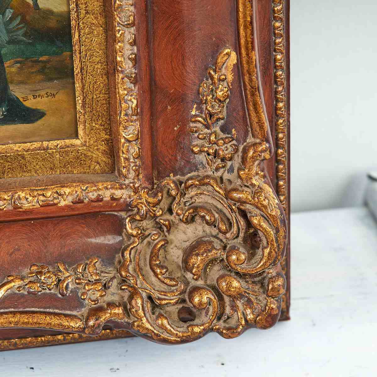 Roma in cornice: leggere un piccolo dipinto a olio del Novecento 1 Dettaglio di dipinto romano a olio con cornice intagliata