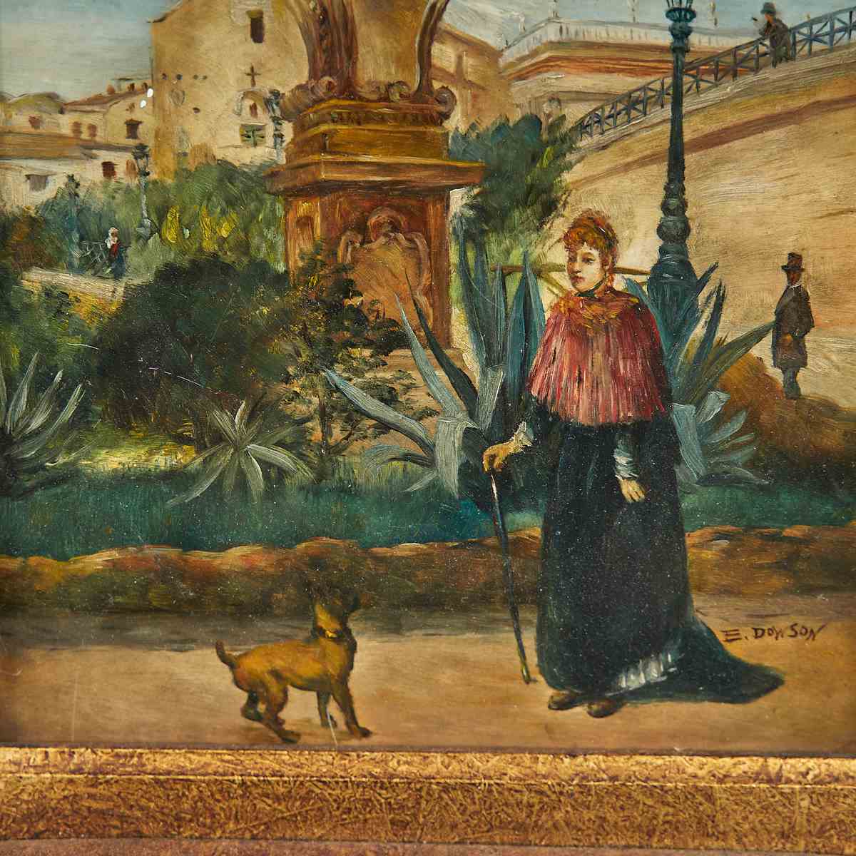 Roma in cornice: leggere un piccolo dipinto a olio del Novecento 2 Opera a olio con figura femminile e cornice lignea dorata