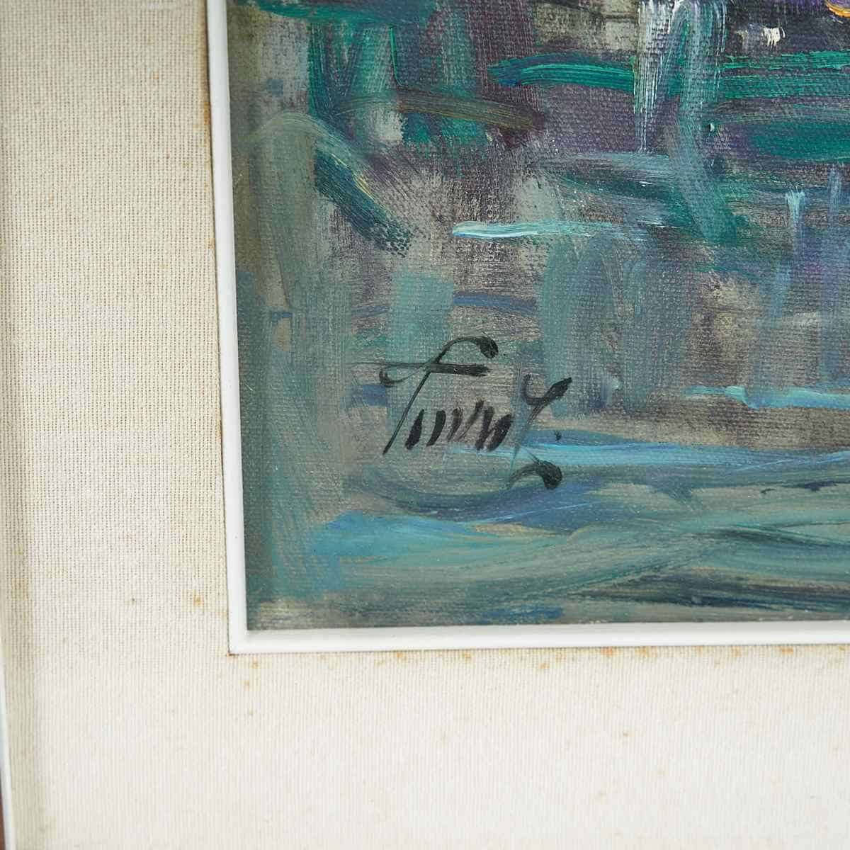 L’acqua dipinta e il paesaggio marino di Renzo Piccoli 1 Dettaglio di paesaggio marino a olio con case e acqua