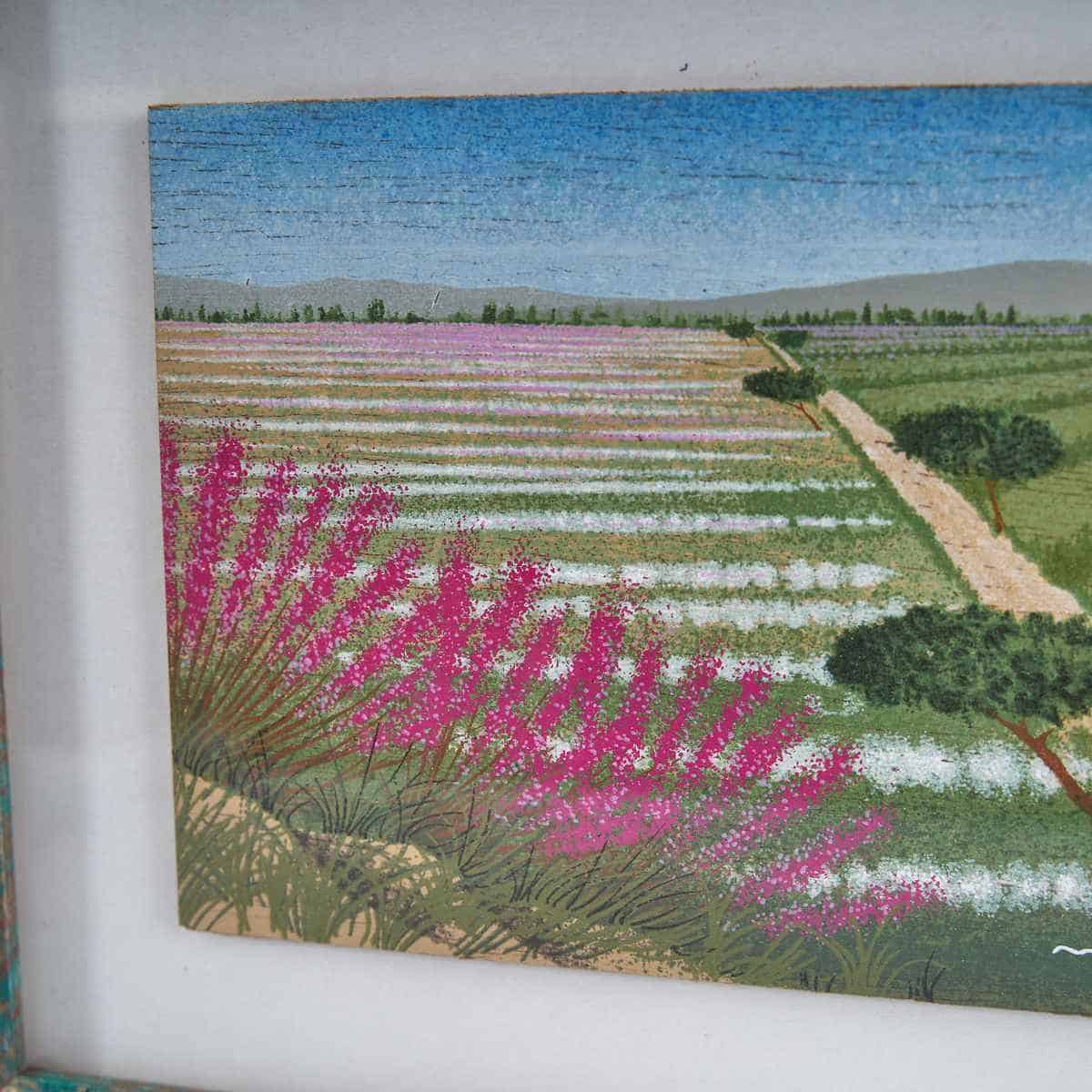 Il tempo quieto di un campo di fiori dipinto su tavola 2 Piccolo quadro vintage su tavoletta con paesaggio di fiori