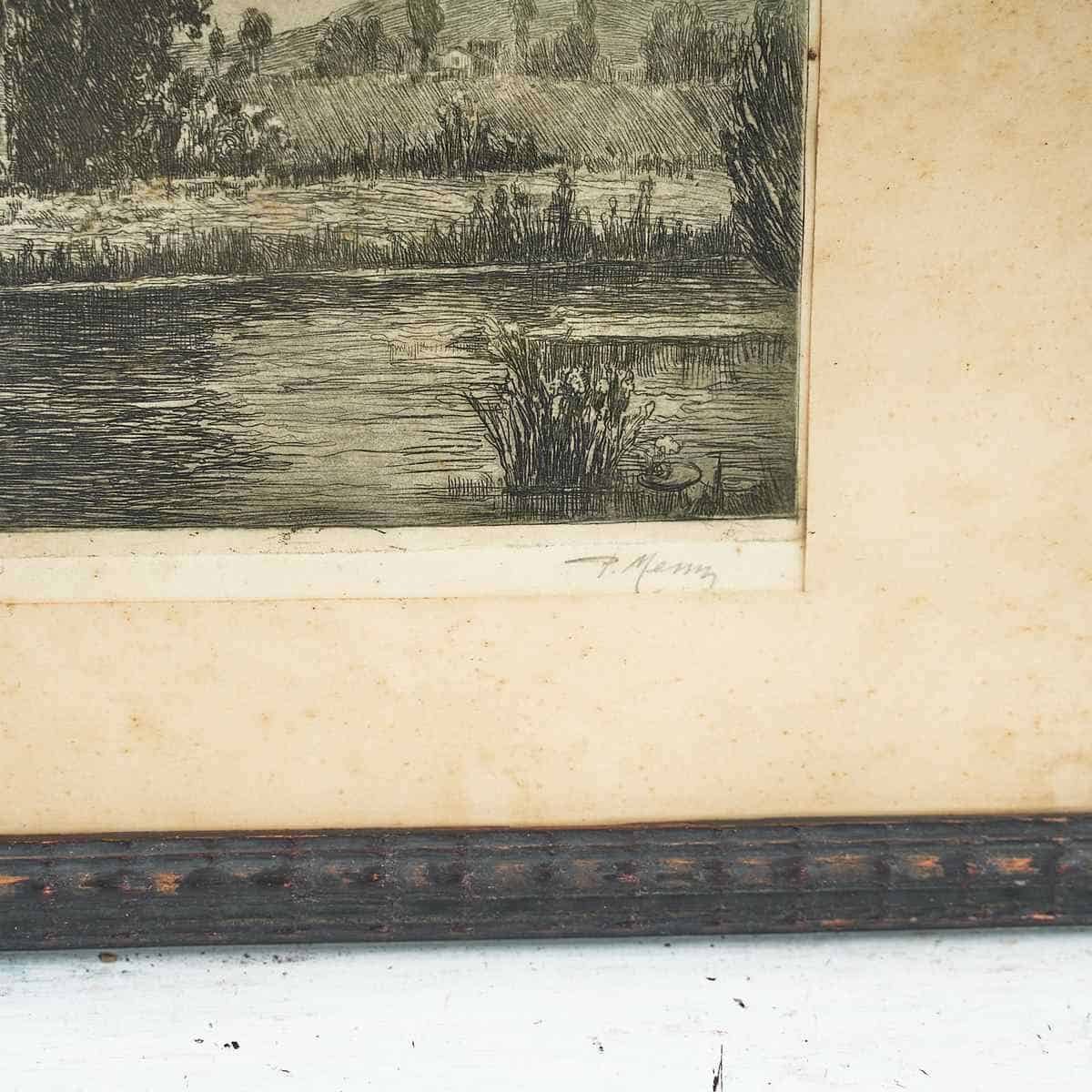 Il paesaggio inciso: bovini, acqua e memoria nell’acquaforte 1 Dettaglio di acquaforte paesaggio campestre con alberi e corso d'acqua