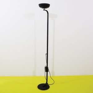 Lampada da terra in metallo nero con base circolare e parabola