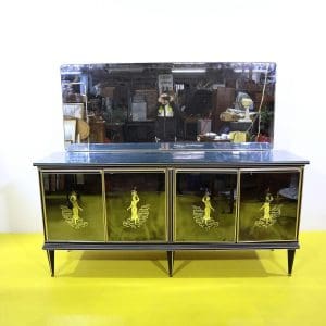 Ultimi arrivi 29 Credenza con specchiera e ante in vetro nero decorato a figure dorate