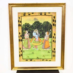 Ultimi arrivi 15 Dipinto indiano su tessuto Krishna con gopi cornice dorata