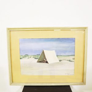 Ultimi arrivi 11 Quadro tecnica mista su carta tenda sulla spiaggia firmato E. Poppi