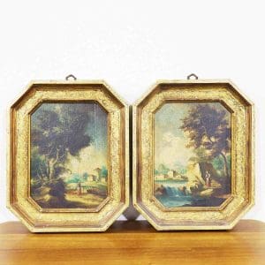 Ultimi arrivi 2 Dipinti vintage olio su pannello con paesaggi rurali e cornici dorate