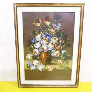 Dipinto a olio con vaso di fiori e cornice dorata