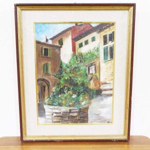 Ultimi arrivi 13 Dipinto a olio su pannello scorcio di borgo con fiori