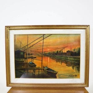 Dipinto a olio capanni da pesca al tramonto William Artini