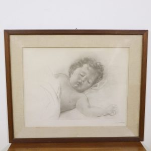 Disegno a matita su carta bambino addormentato firmato Messina